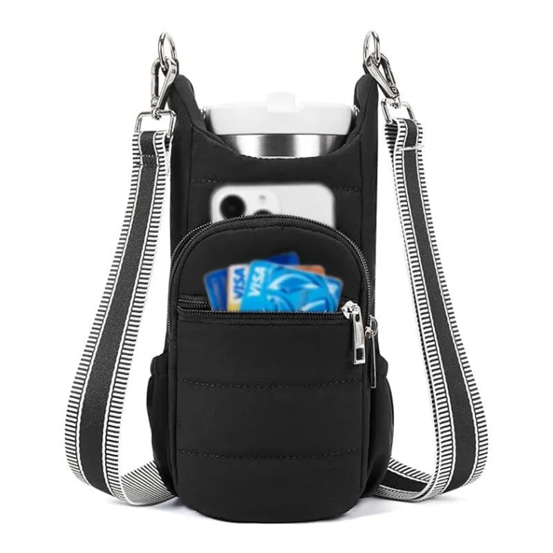 Cloth water bottle bag for bicycles in beige, black, or pink colours.