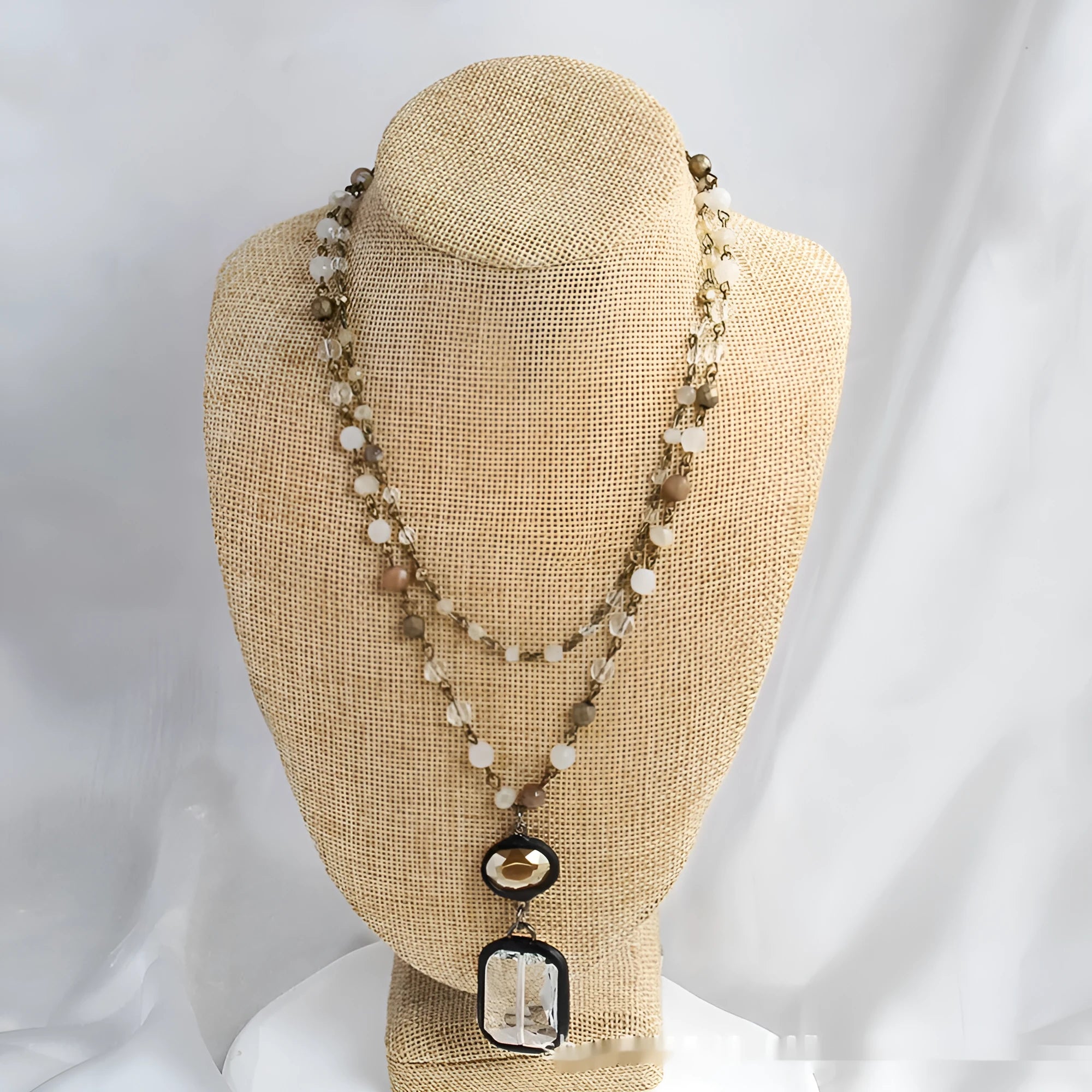 Tribal style two-layer necklace with stone and glass pendant on adjustable chain