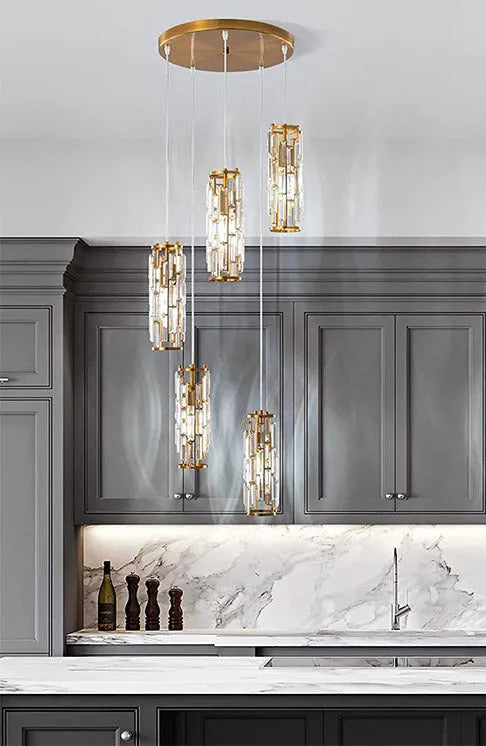 Industrial style single head LED droplight with crystal detailing in black, gold, or chrome finish