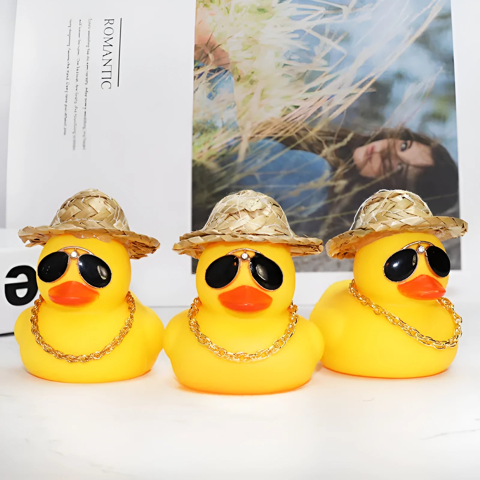 Straw hat yellow duck cartoon car dashboard ornament with sunglasses accessory on matte finish