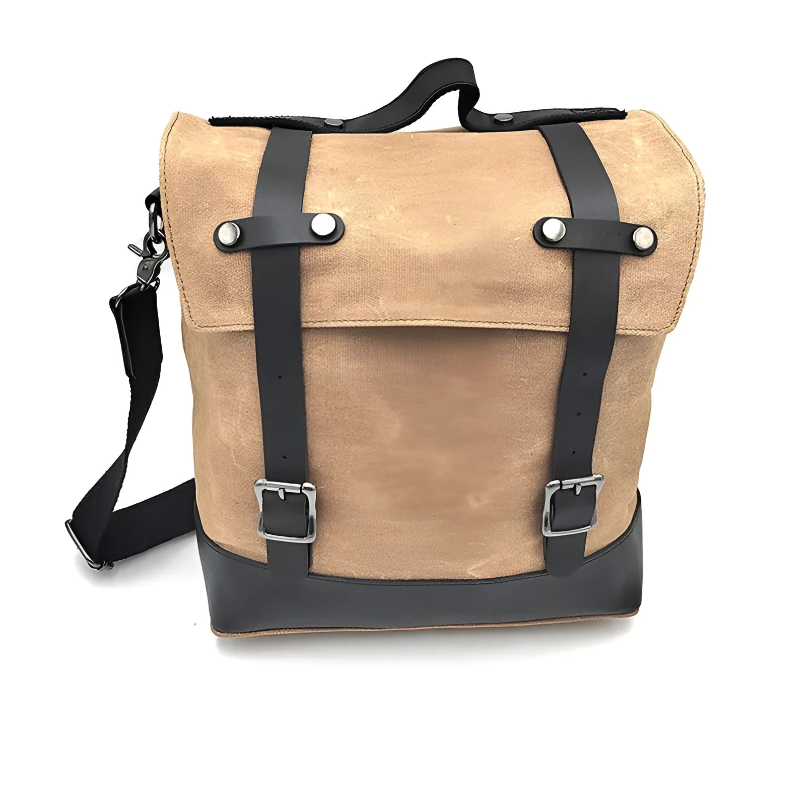 Thick waterproof canvas motorcycle side bag showing dimensions and black colour option