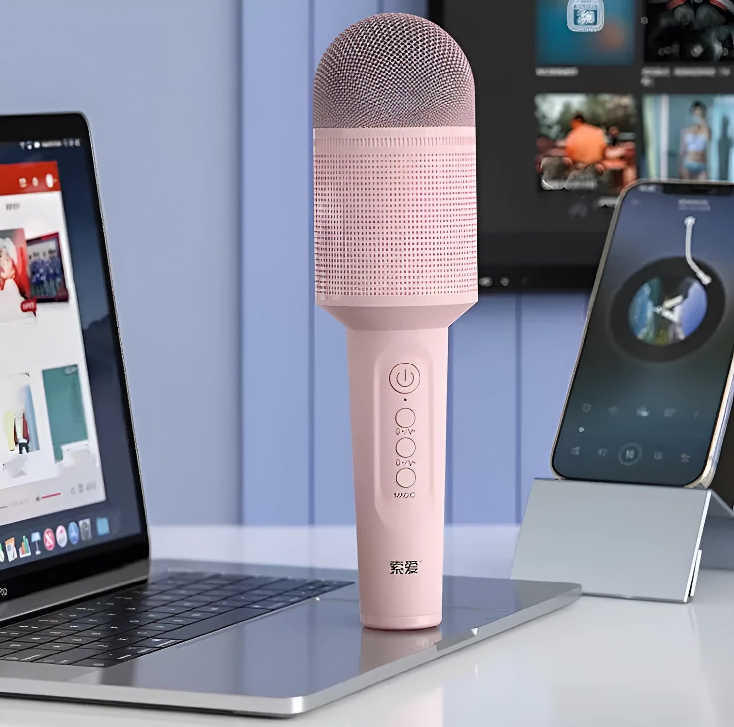 A wireless Bluetooth karaoke microphone shown in three colour options: girly pink, sapphire blue, and mint green.