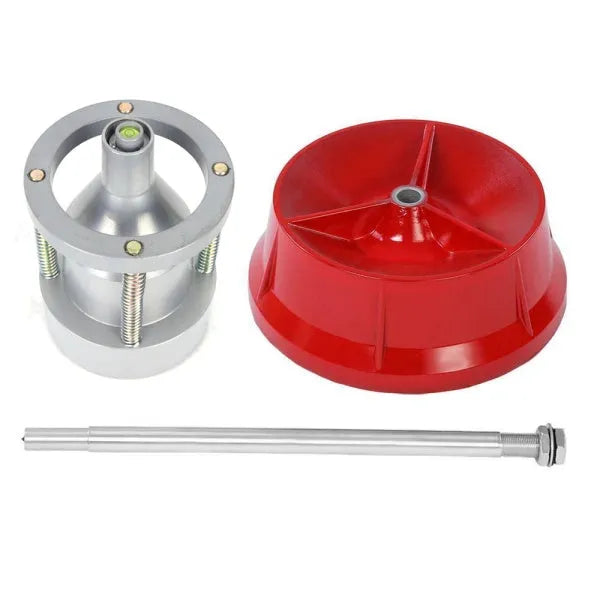 Portable aluminium hub tyre balancer with bull's eye level on enamel base.