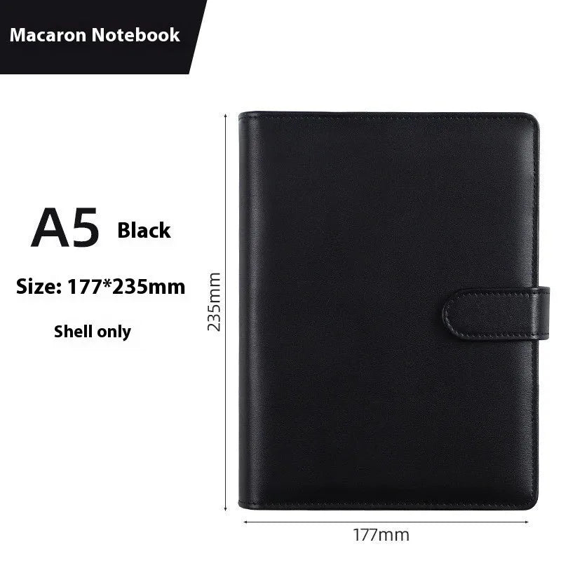 A5 PU leather zippered notebook shell in multiple solid colours including pink, blue, and black.