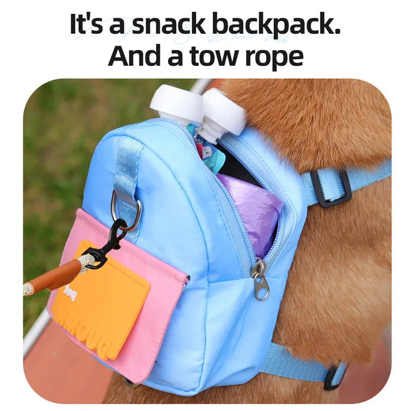Blue adjustable dog backpack harness with storage compartments and breathable mesh panels