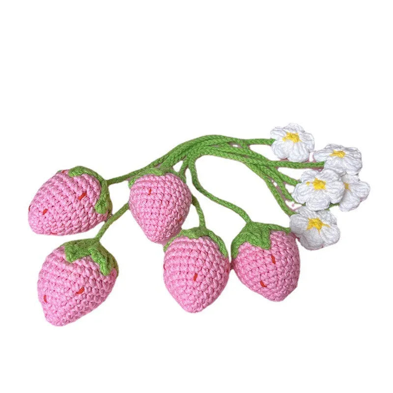 Wool crochet strawberry pendant with 35cm cord, knitted wool construction in pink or red colour