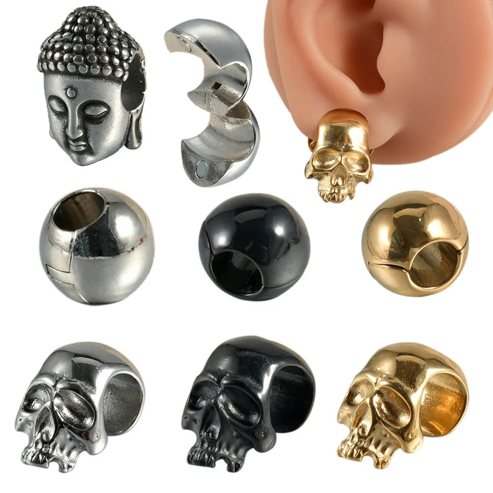 Stainless steel hollow skull Buddha geometric earrings with electroplated colour finishes