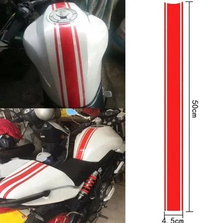 Motorcycle DIY gas tank lid reflective pinstripe sticker in black, red, silver, and yellow.
