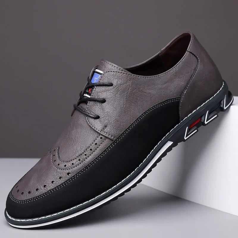 Men's leather casual shoes with rubber sole and low-top design