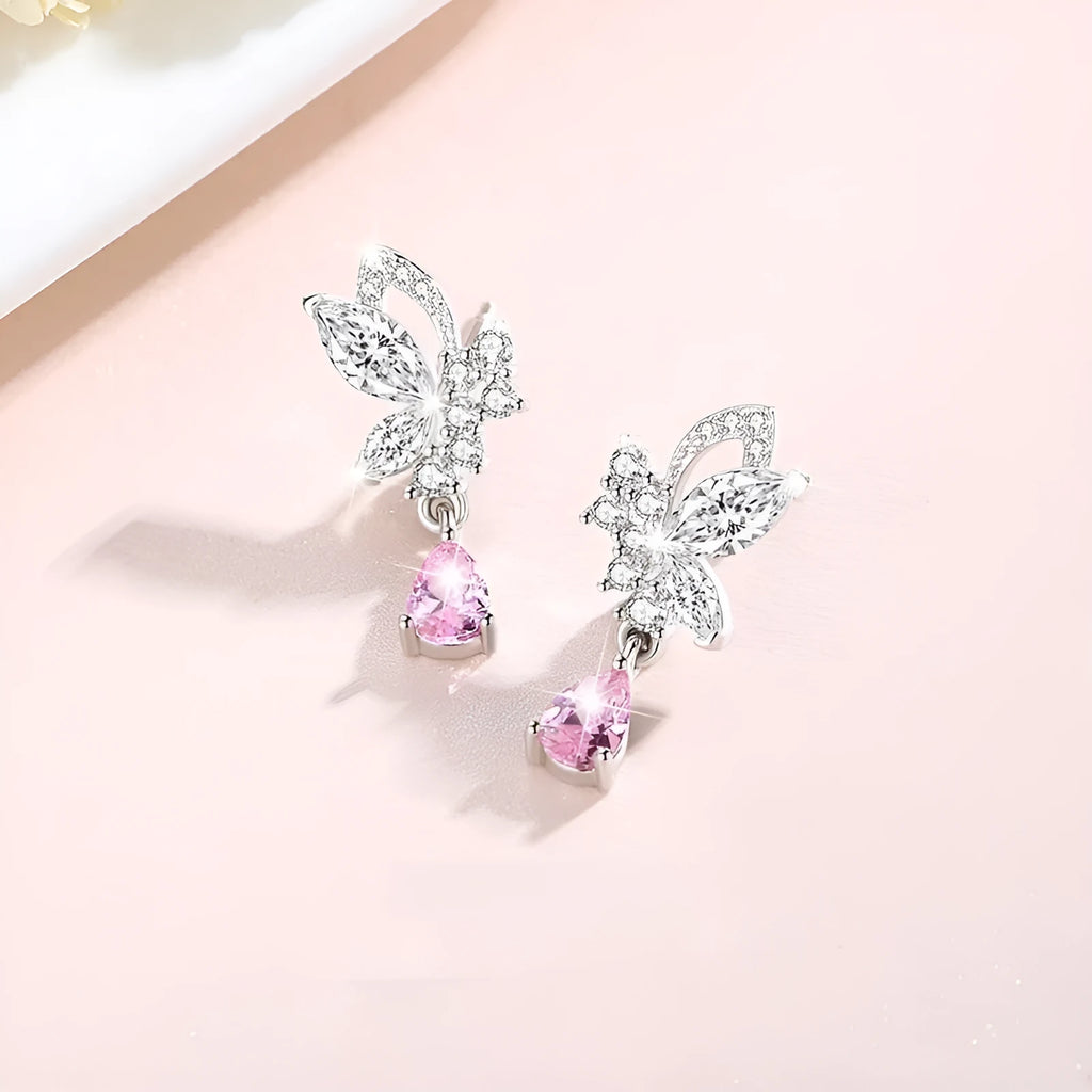 Butterfly design silver stud earrings with colour accents on 925 sterling silver posts