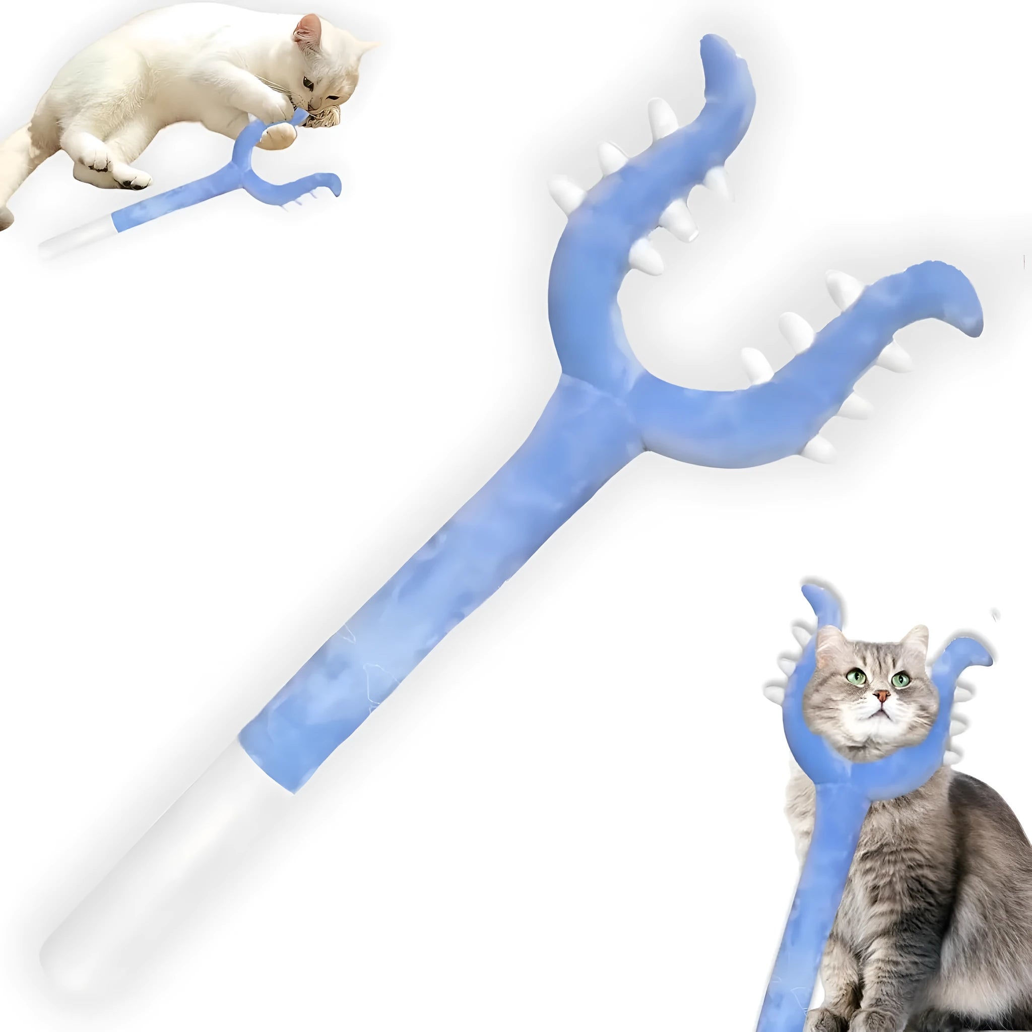 70cm plush cat wand toy for indoor cats in blue colour with plush-wrapped construction