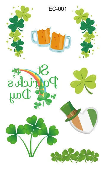 Pack of St Patrick's Day clover temporary tattoo stickers, 120mm by 75mm water transfer design.