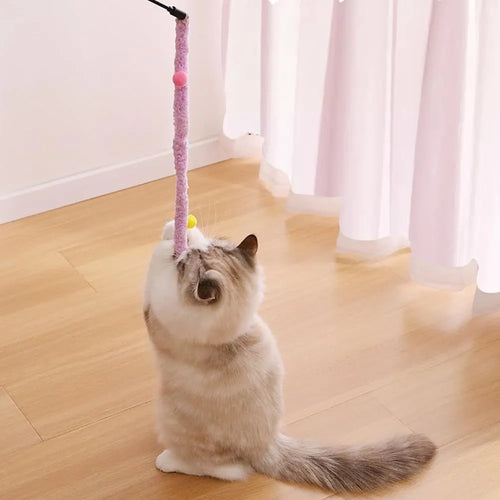 Blue cat wand toy with plush strip and bell, showing 41cm pole and 60cm strip dimensions