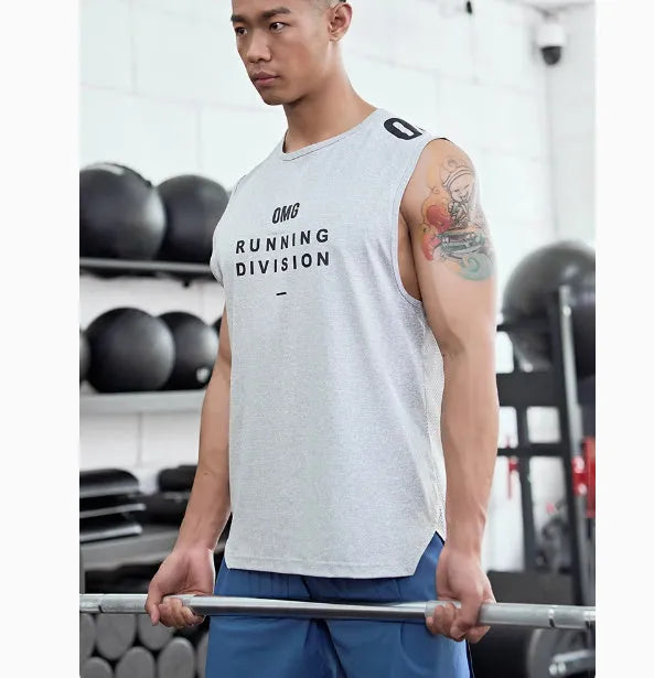 Men's loose fit mesh sports vest in black, shown front view.