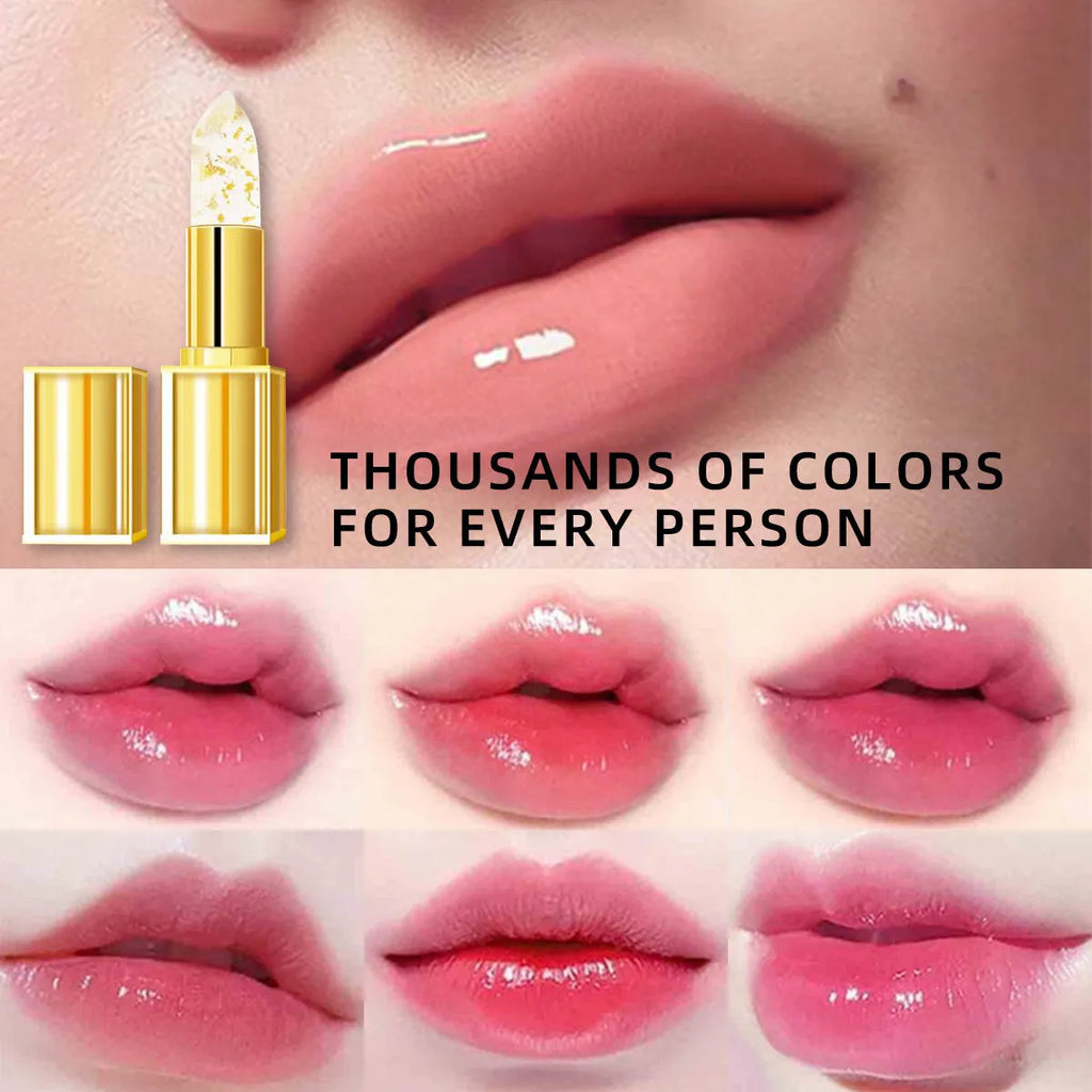 Tube of warm colour-changing anti-smudge lipstick with gilding effect, item YB1001.