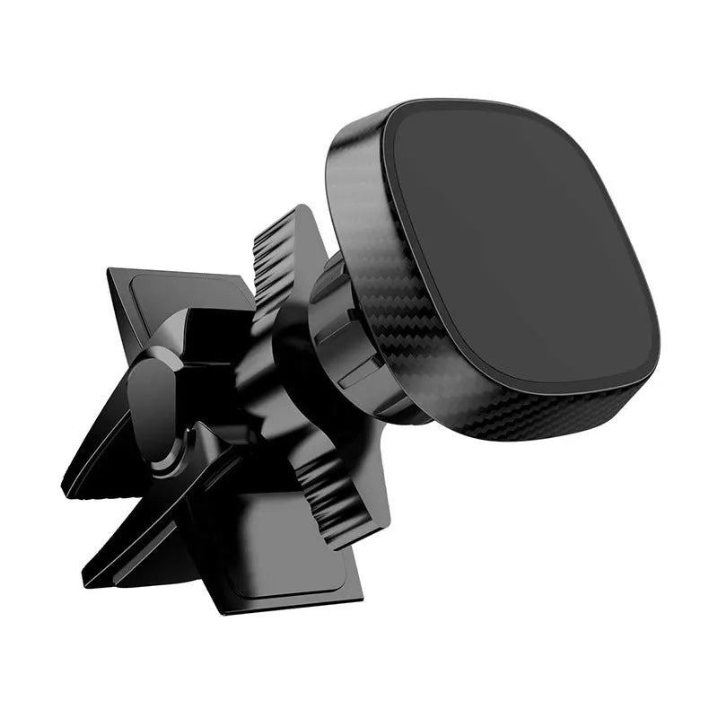 Black magnetic car phone holder attached to a vehicle's air conditioning vent.