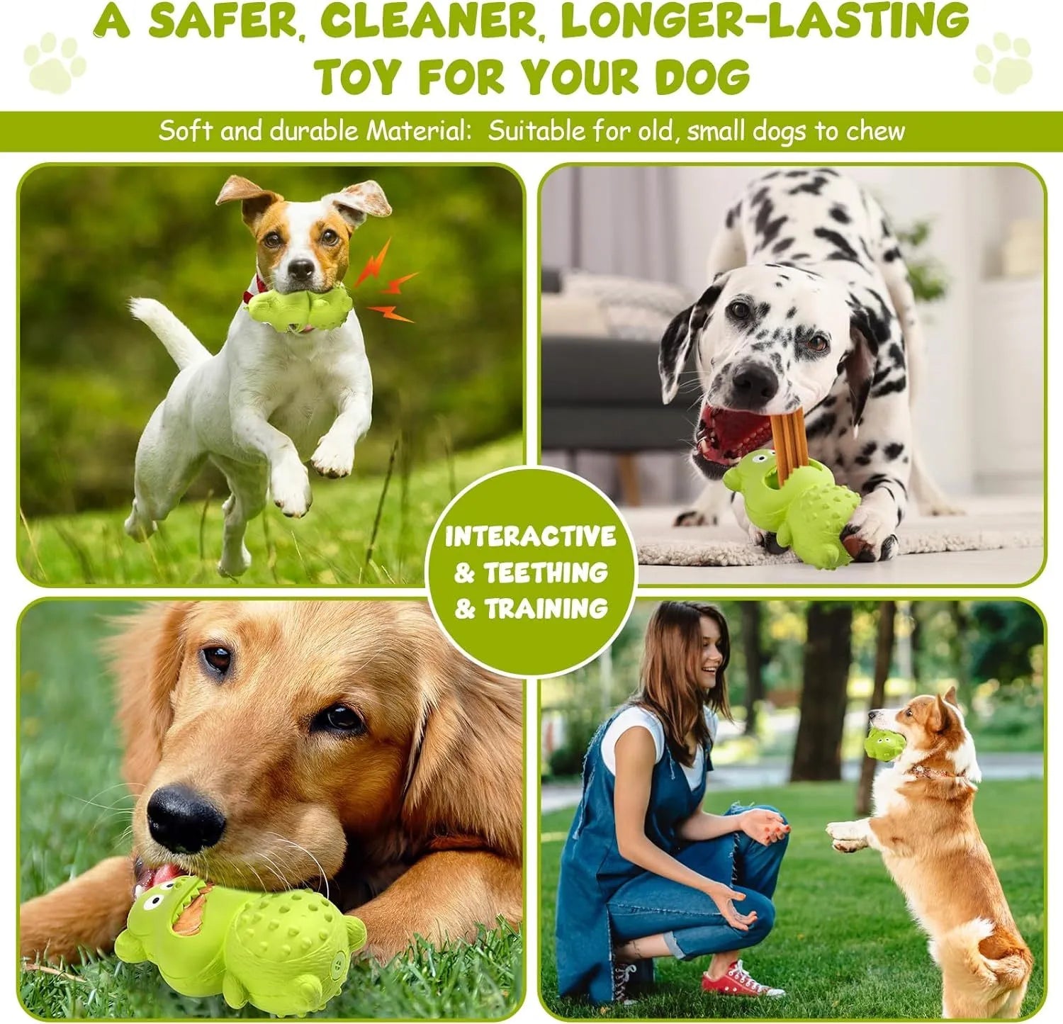 Green and yellow thick natural rubber dog toy with squeaker for large breed aggressive chewers.