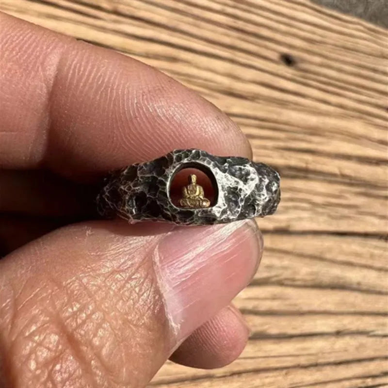 Grotto Buddha hand-forged copper ring with rock texture finish in size No 8