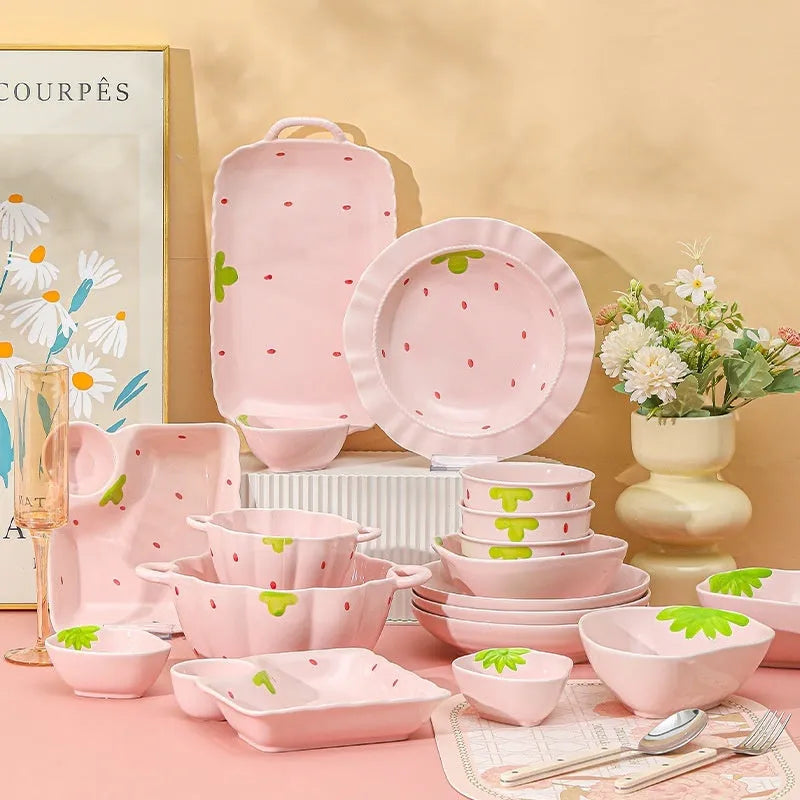 Strawberry pattern ceramic dinnerware set with bowls, plates and twist spoon
