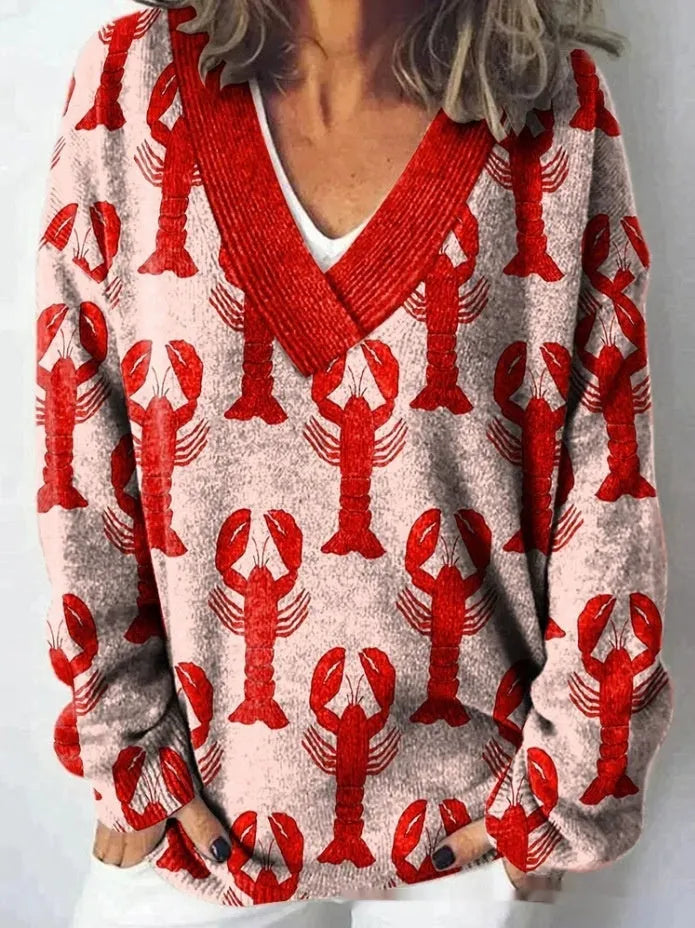 Women's V-neck floral print sweatshirt with long sleeves in wool woven fabric.