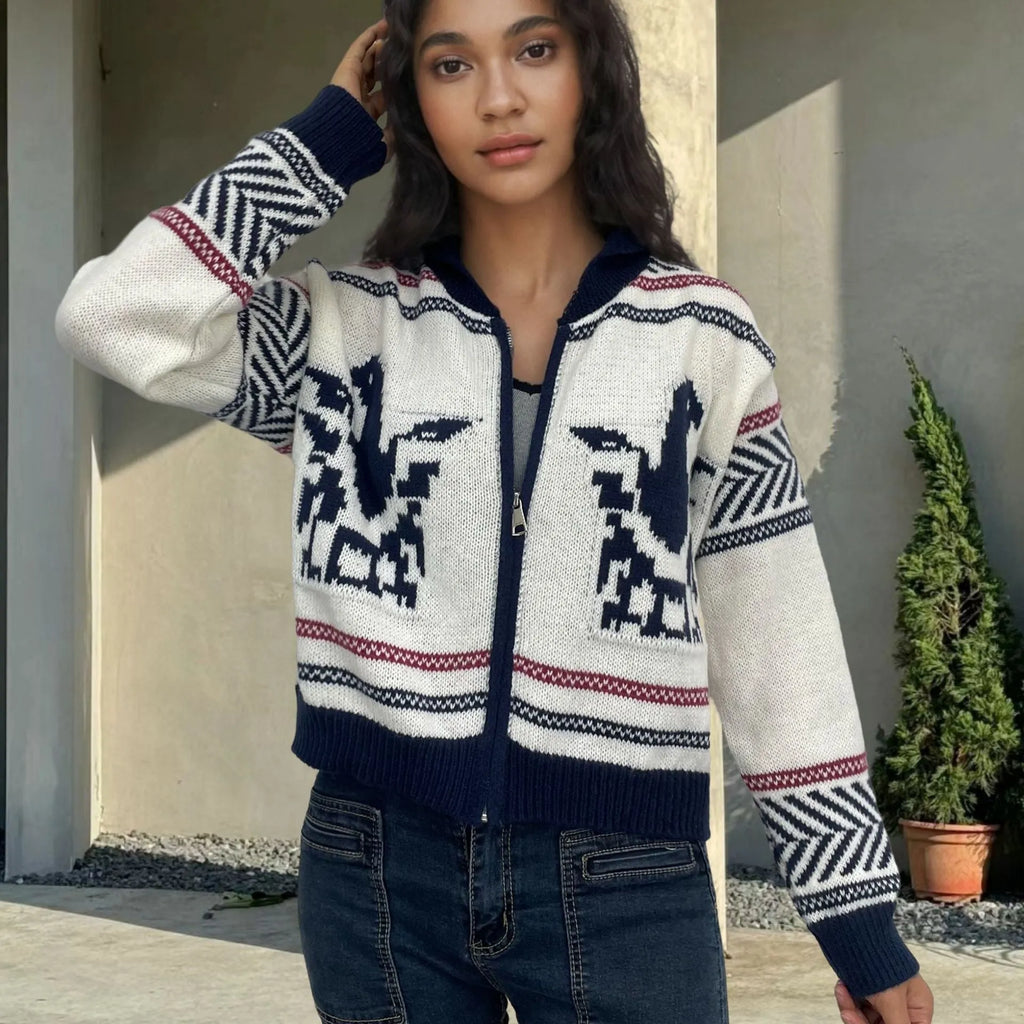 White women's zip cardigan with contrasting jacquard stripe pattern and a lapel collar.