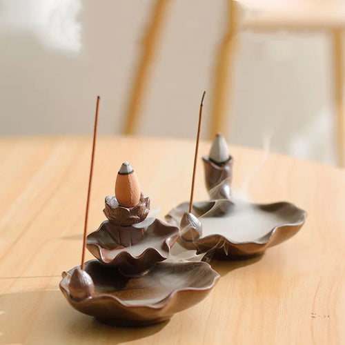 Ceramic reverse flow incense burner with purple clay in traditional Chinese designs