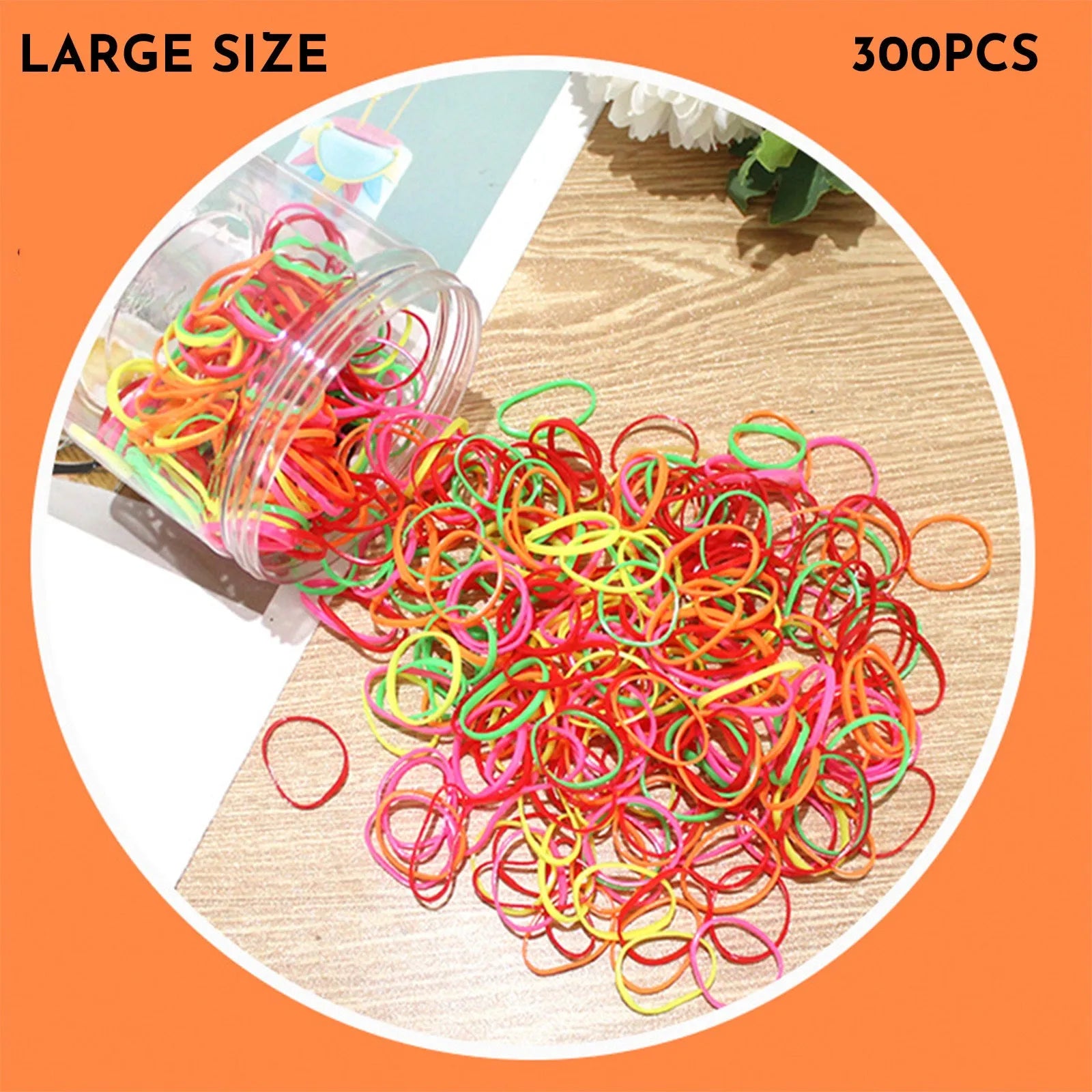 Pack of multicoloured thin TPU baby hair ties stored in a clear reusable plastic container.