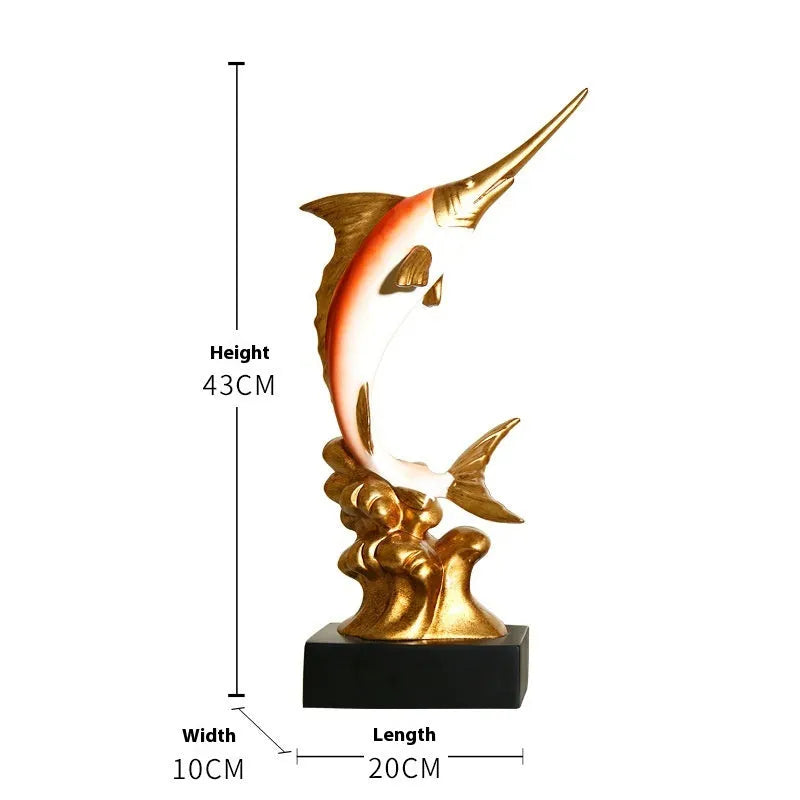 European style decorative resin swordfish ornament in Ocean Green, Lake Blue, Coral Red or Bright Gold.