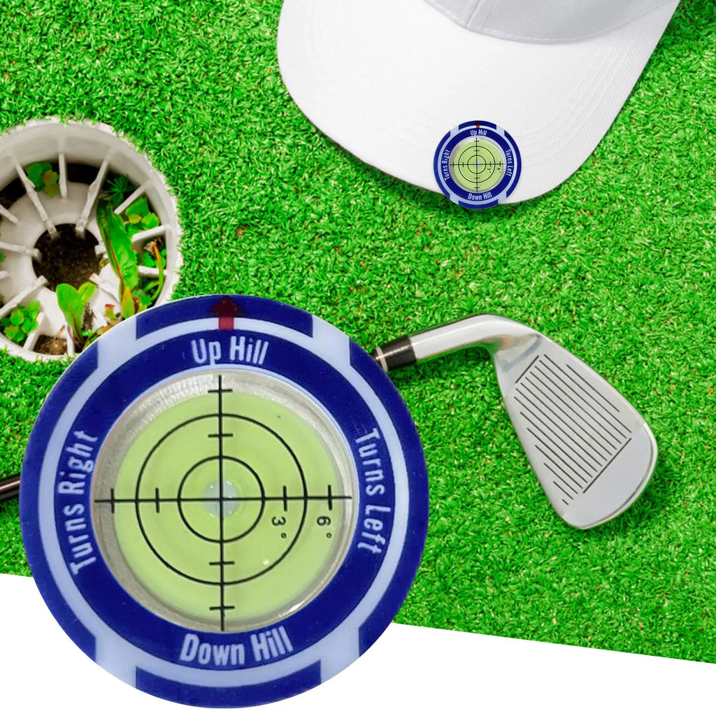 Golf spirit level clip with green bubble vial and alignment marks attached to a golf bag strap