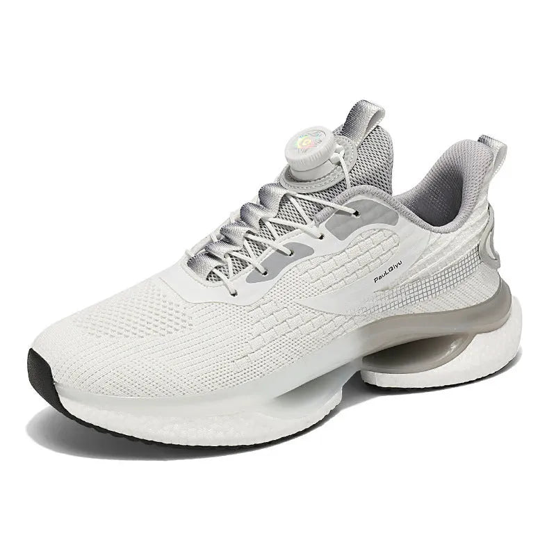 Men's low-top running shoes with rotating button buckle on beige Fly-kit mesh upper and TPU sole.