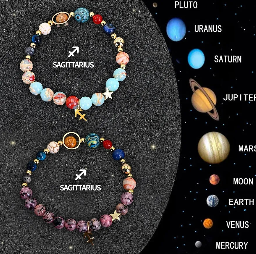 Two natural stone zodiac bracelets showing twelve different astrological styles on a neutral background
