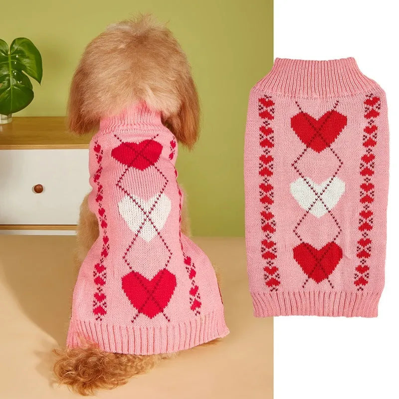 Red love heart dog sweater on small dog with bow design alternative colours available