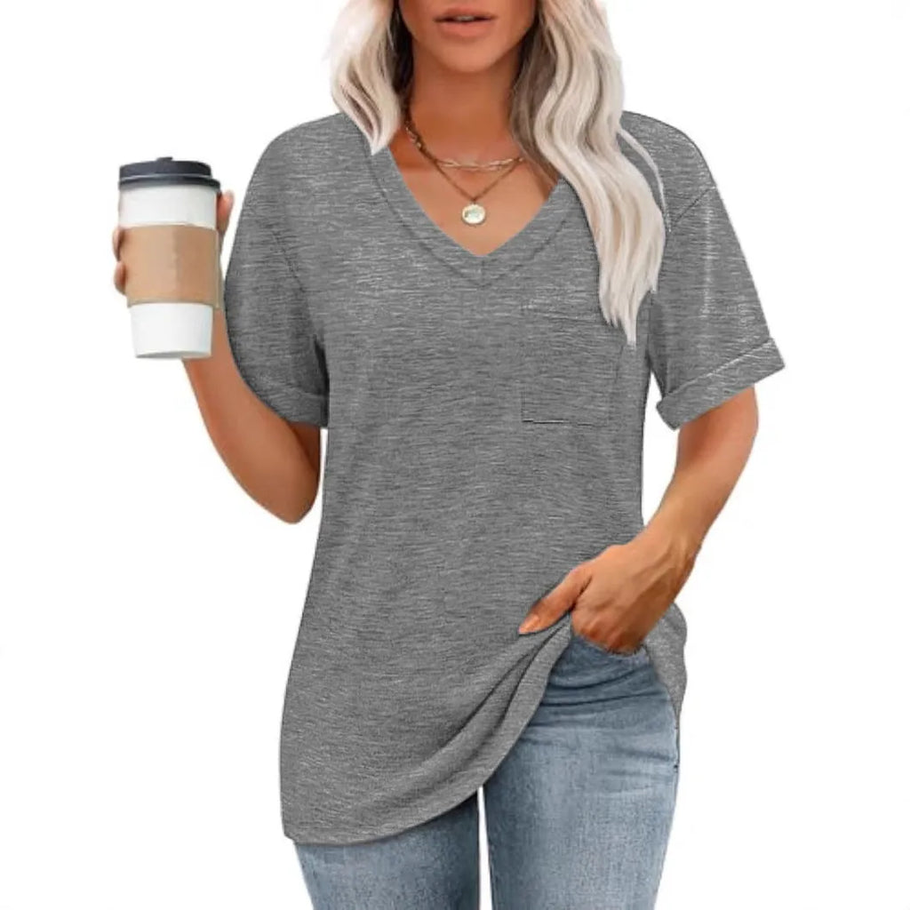 Grey loose fit V-neck T-shirt with chest pocket on mannequin showing front view