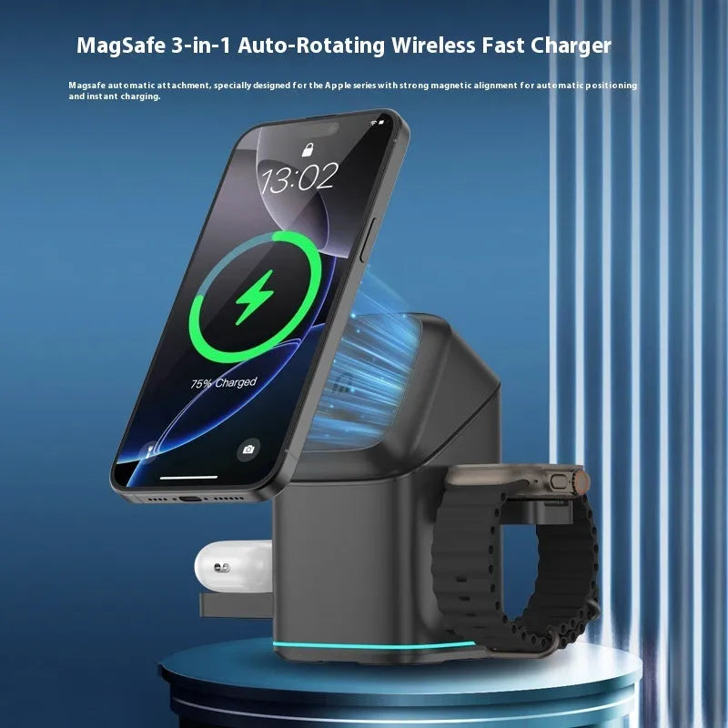 Black mobile phone magnetic wireless charging stand showing 180-degree rotation mechanism