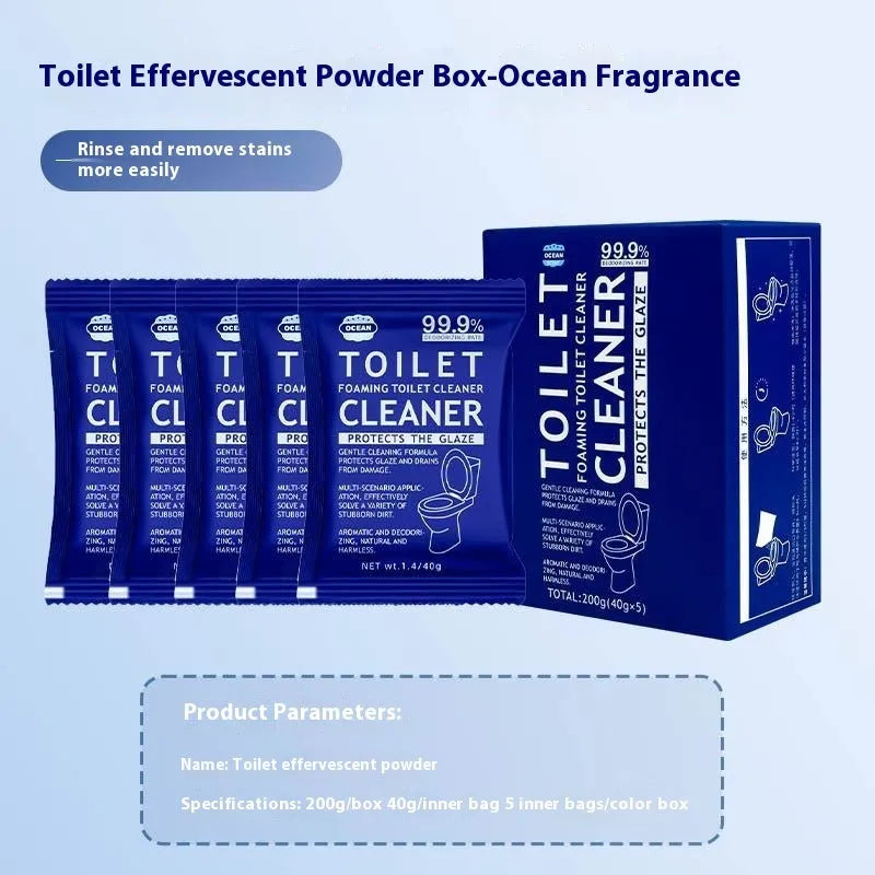 Toilet bubble powder descaling cleaner in blue ocean and pink floral fragrance, showing 240g bag and box of 5 sachets.
