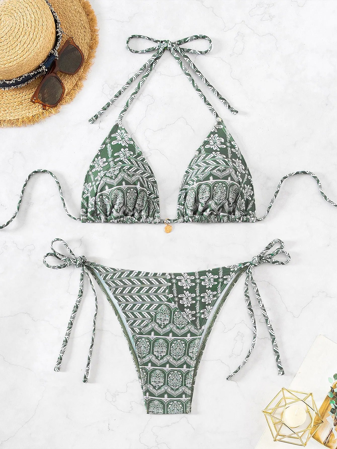 Women's split bandage bikini swimsuit with printed stitching details in various colours