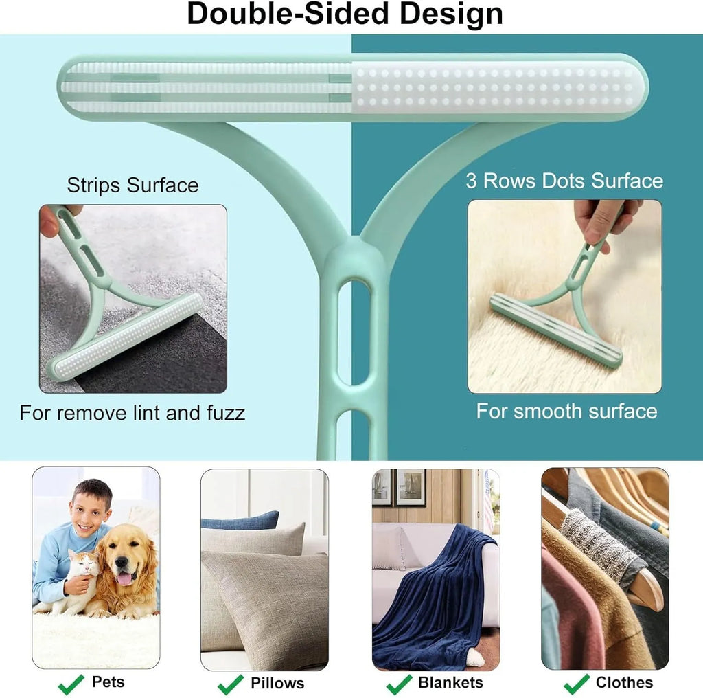 Three pet hair removal tools: a copper lint shaver, a silicone brush, and a round ABS cleaner.