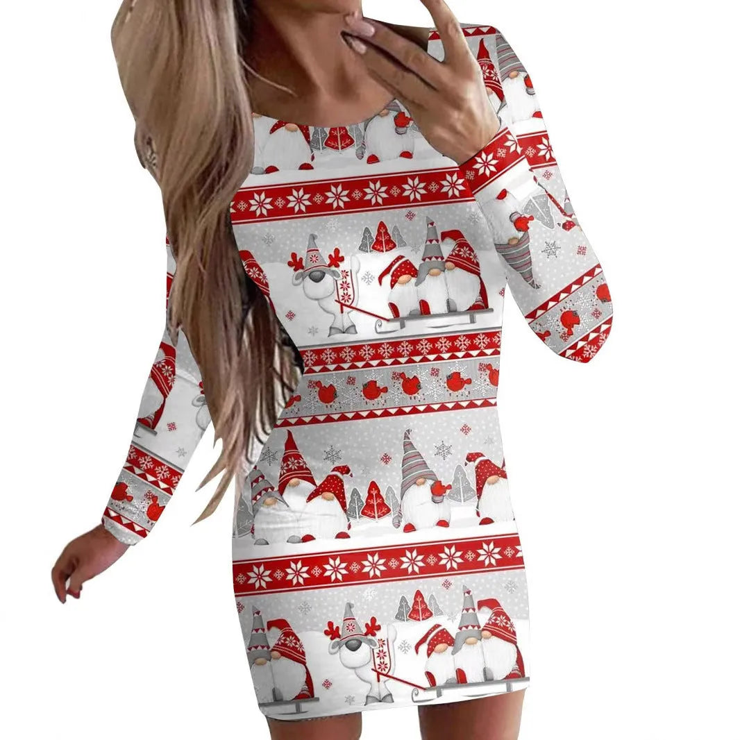Women's tight-fitting Christmas dress with floral animal print, round neck, long sleeves, and a short hip skirt.