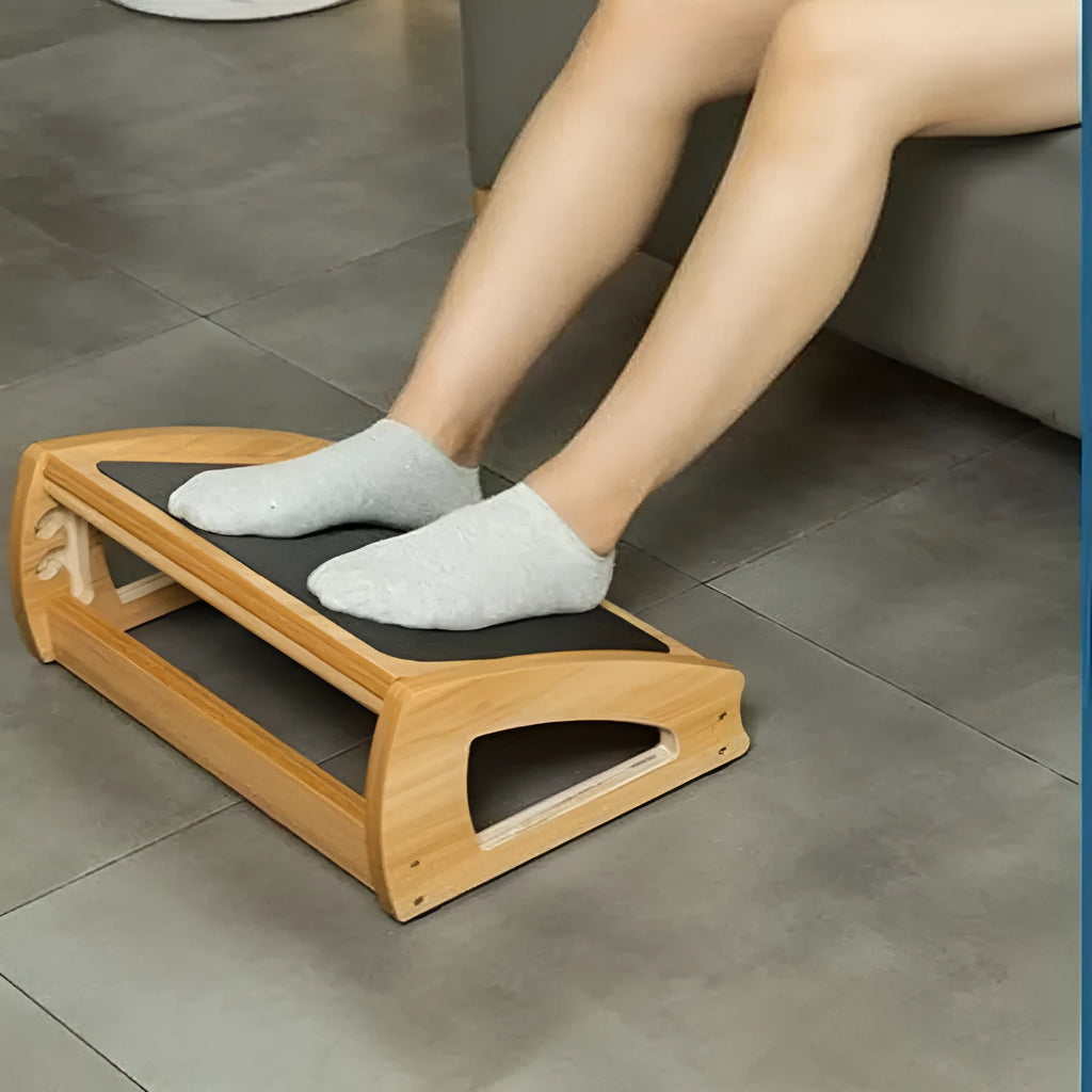 Wooden adjustable height desk footstool with bamboo mechanism in modern minimalist style