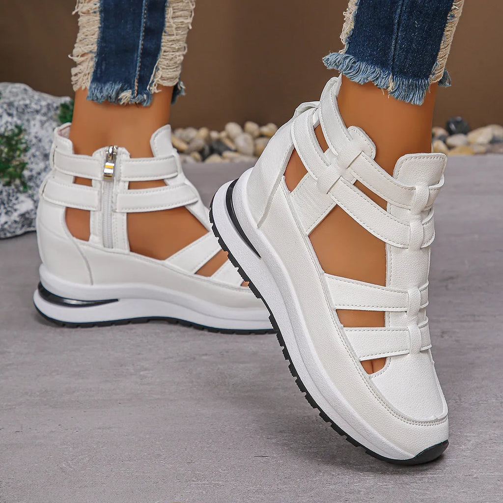 Women's black platform sandals with hollow-out design and velcro strap