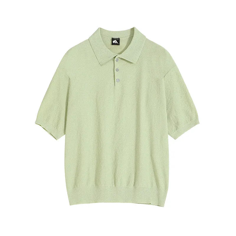 Retro knitted polo shirt for men with asymmetric design in caramel colour, showing short sleeves and loose fit