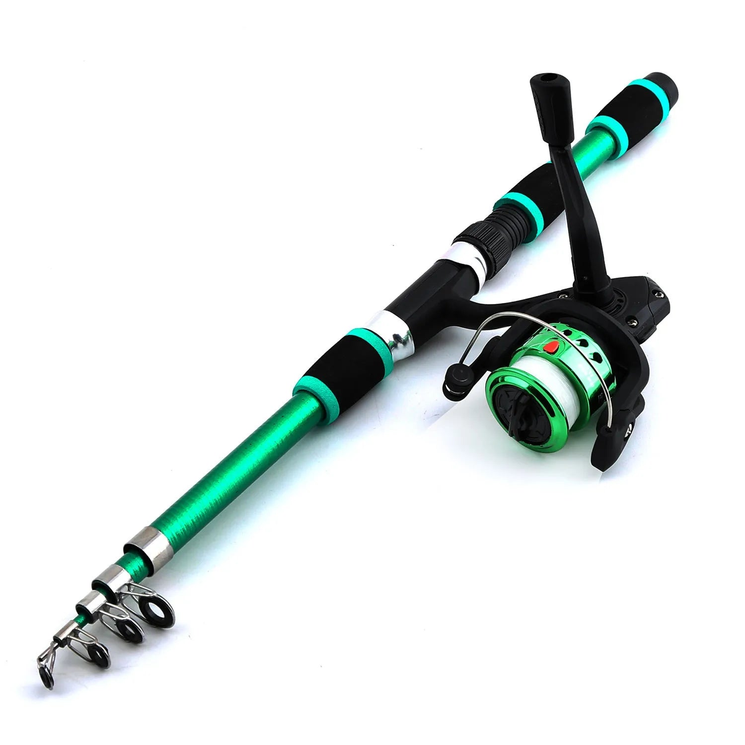 Children's beginner fishing rod set with pole and wheel in blue, green, red, or yellow colour options