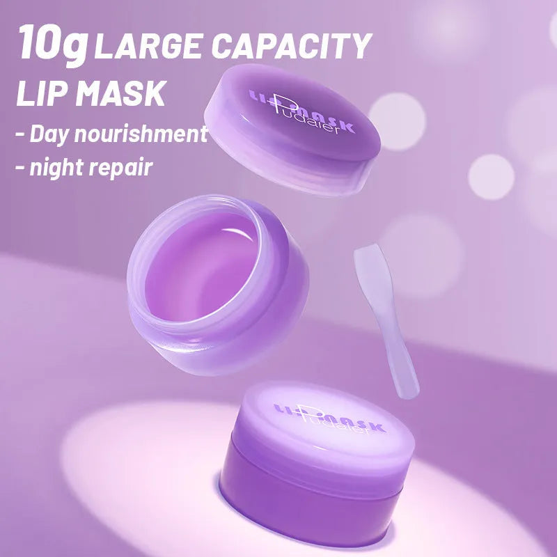Box containing a lip balm pot, exfoliating lip film, and a plastic scraper tool for lip care.