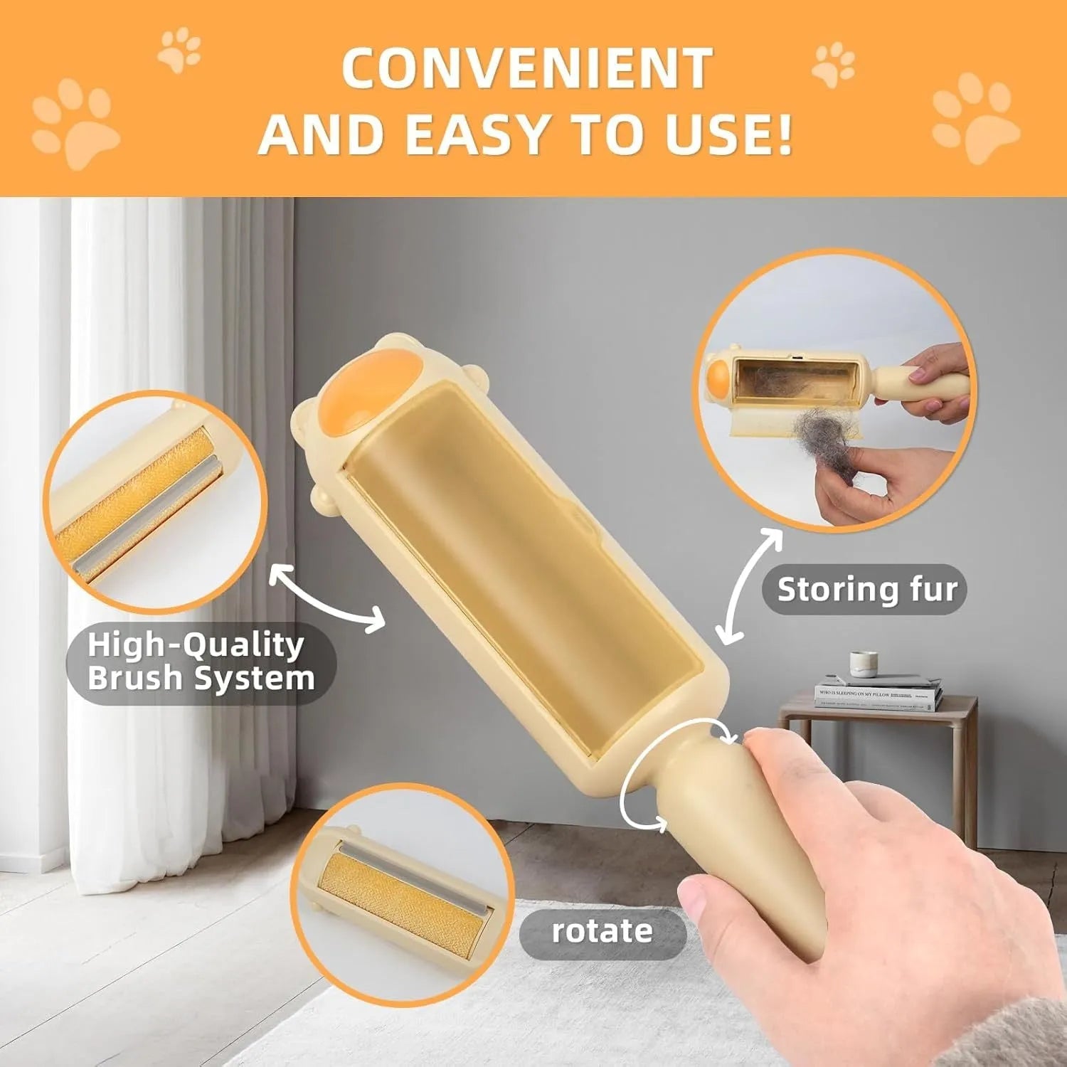 Blue reusable pet hair remover roller with self-cleaning base on a fabric sofa.