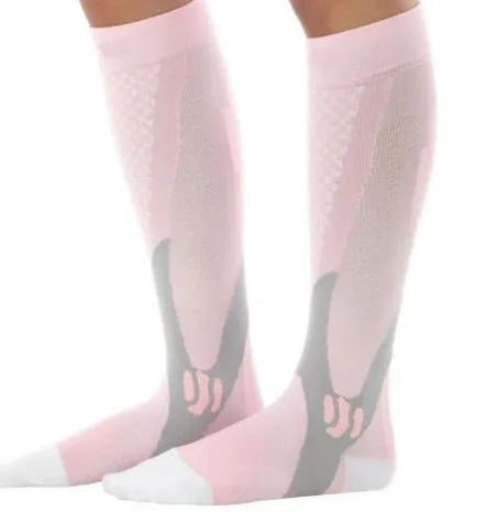 Athletic fit graduated compression socks for men and women in black, shown on a leg.