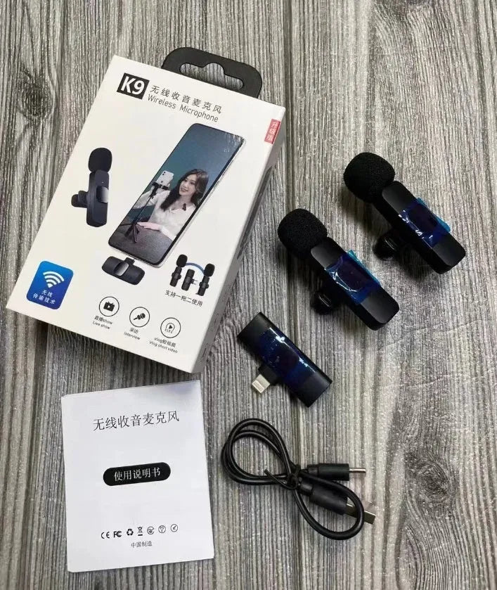 Wireless collar clip lavalier microphone with smartphone connector options for Type-C, Lightning, and 3.5mm jacks.