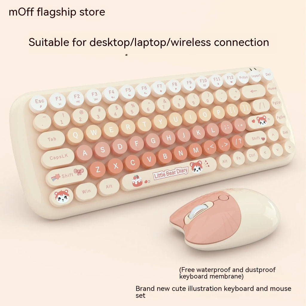 Pink mini cute cartoon wireless keyboard and mouse set with optical sensor and compact 43.5cm design