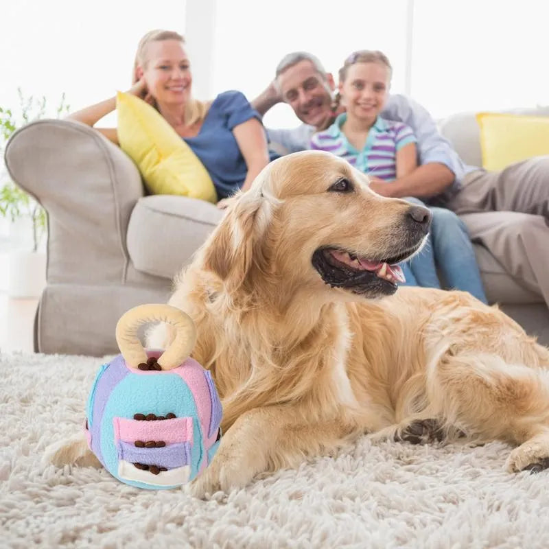 Green or pink polyester dog squeaky plush ball toy with treat pockets