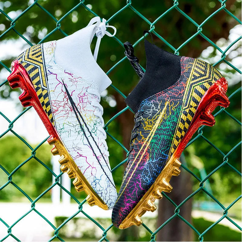 Men's white high-top soccer training shoe with gold-plated sole and lace-up front closure