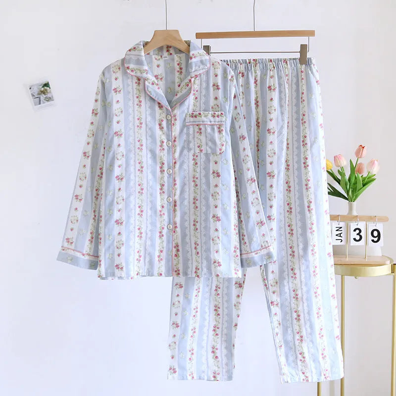 Women's cotton gauze long-sleeved top and trousers homewear set in a colour stripes pattern.